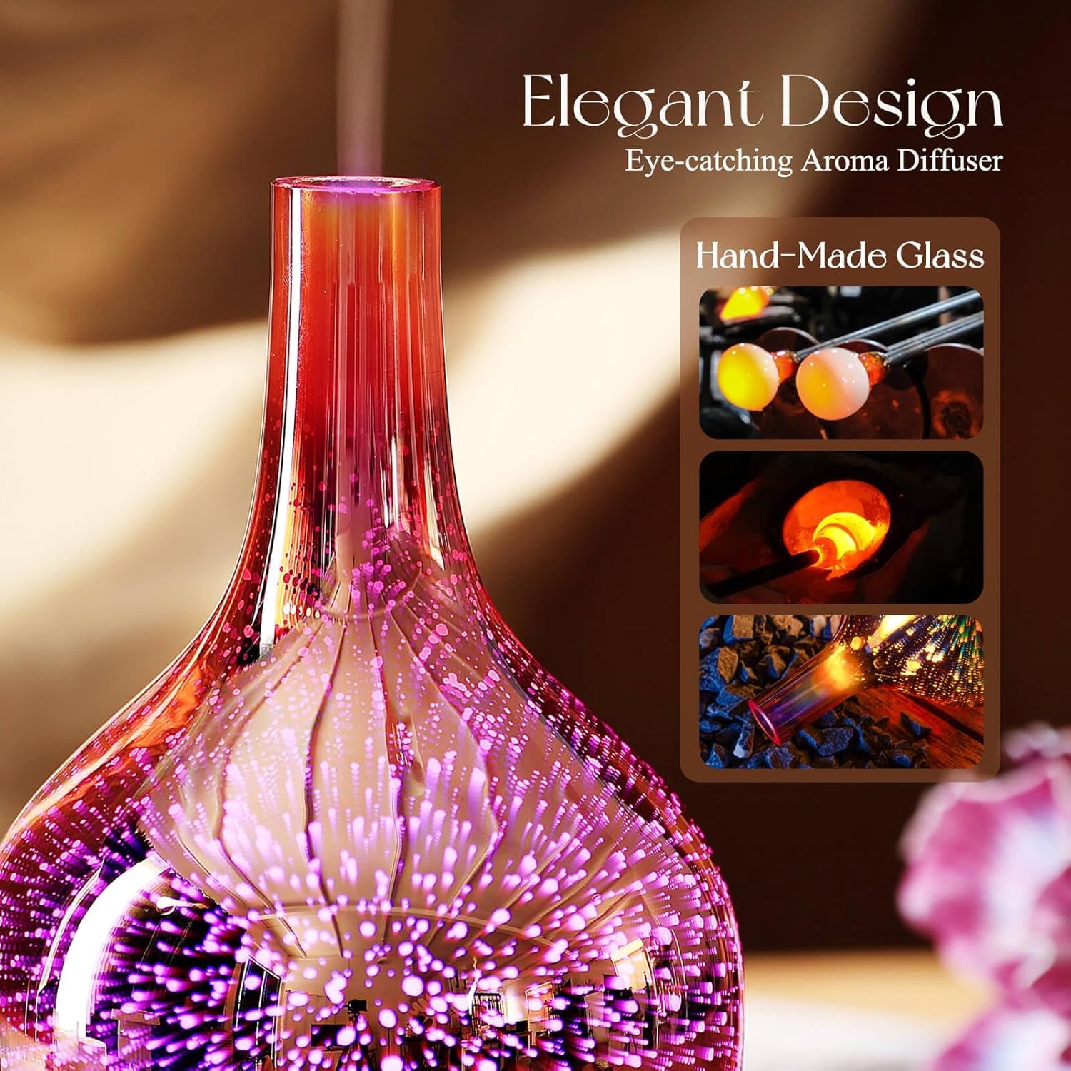 Rose Gold Essential Oil Diffuser 3D Glass Aromatherapy Ultrasonic Humidifier, Waterless Auto-Off, Timer Setting, BPA Free, Air Refresh for Home Hotel Yoga Leisure SPA Gift 150Ml
