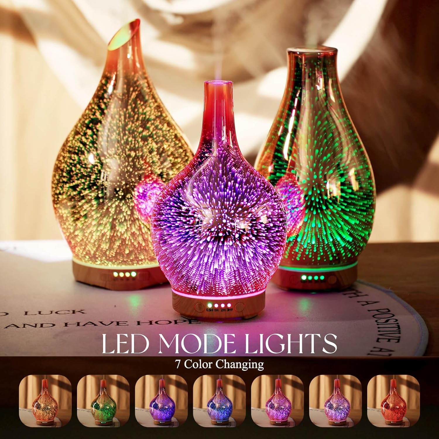 Rose Gold Essential Oil Diffuser 3D Glass Aromatherapy Ultrasonic Humidifier, Waterless Auto-Off, Timer Setting, BPA Free, Air Refresh for Home Hotel Yoga Leisure SPA Gift 150Ml