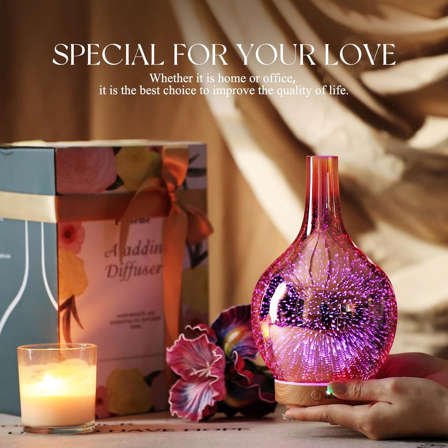 Rose Gold Essential Oil Diffuser 3D Glass Aromatherapy Ultrasonic Humidifier, Waterless Auto-Off, Timer Setting, BPA Free, Air Refresh for Home Hotel Yoga Leisure SPA Gift 150Ml