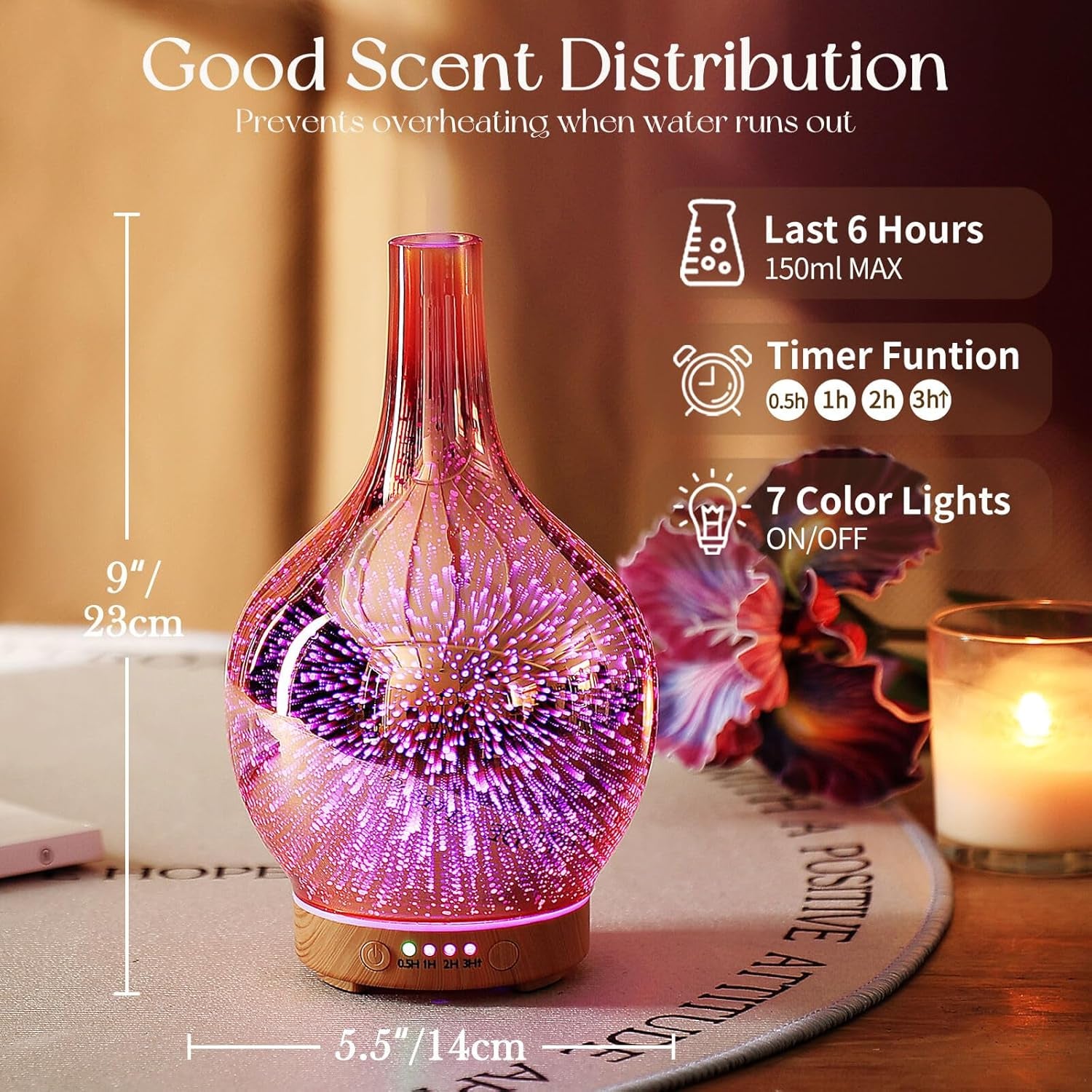 Rose Gold Essential Oil Diffuser 3D Glass Aromatherapy Ultrasonic Humidifier, Waterless Auto-Off, Timer Setting, BPA Free, Air Refresh for Home Hotel Yoga Leisure SPA Gift 150Ml