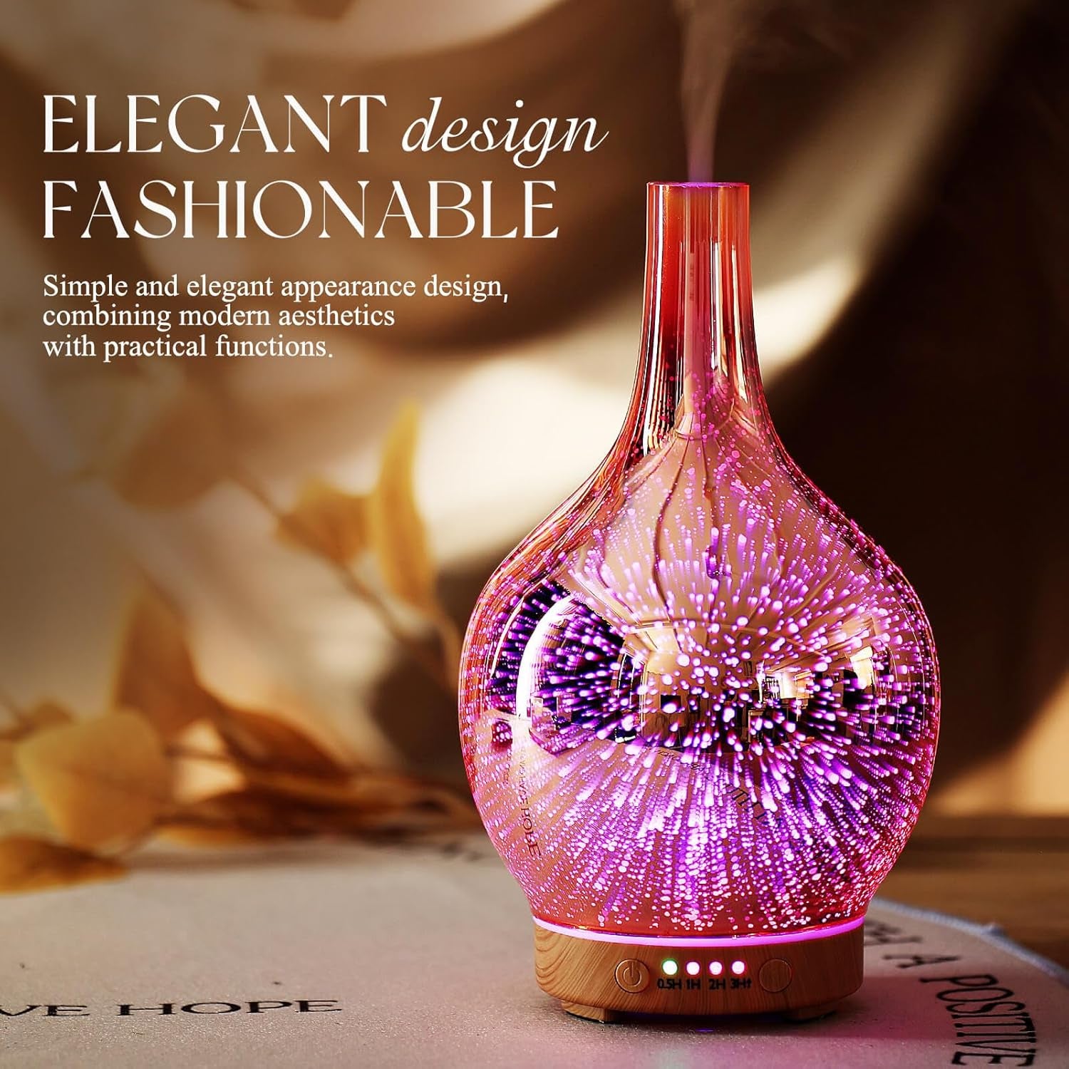 Rose Gold Essential Oil Diffuser 3D Glass Aromatherapy Ultrasonic Humidifier, Waterless Auto-Off, Timer Setting, BPA Free, Air Refresh for Home Hotel Yoga Leisure SPA Gift 150Ml