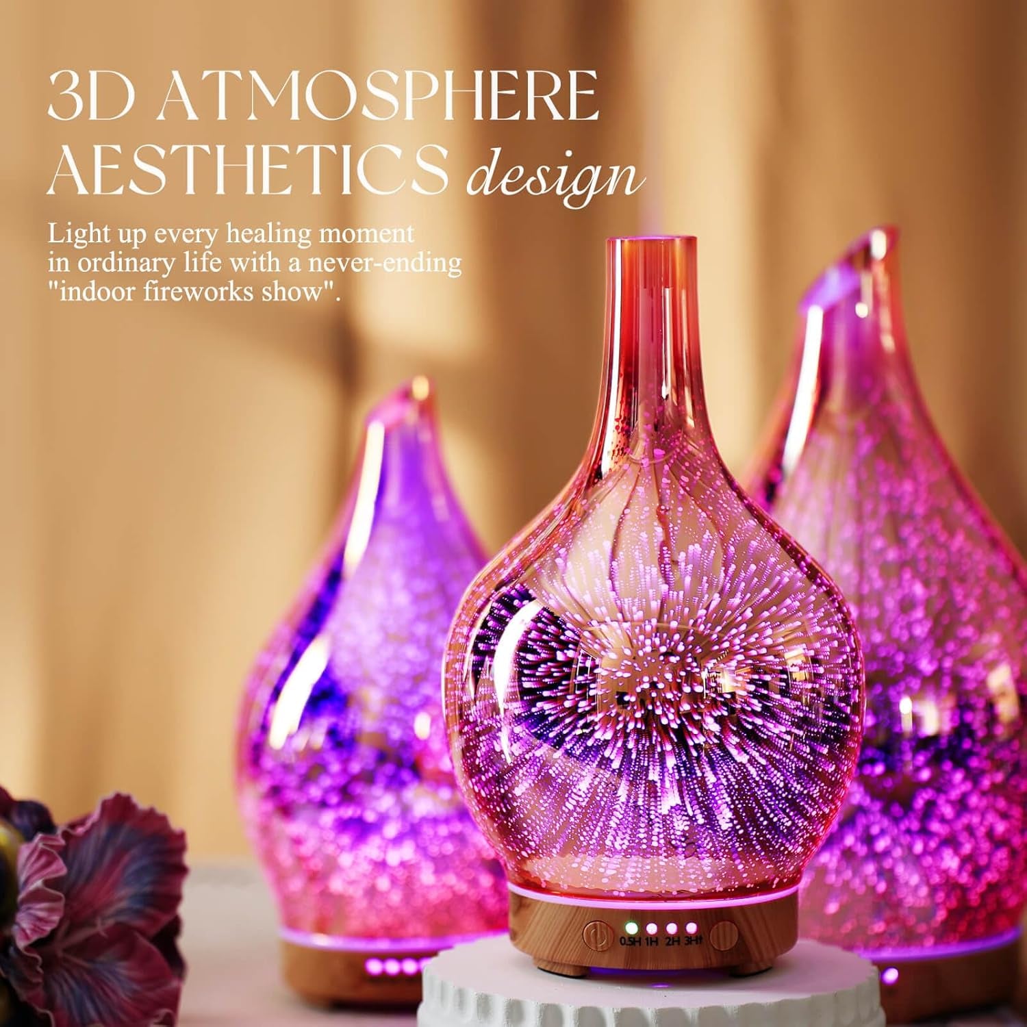 Rose Gold Essential Oil Diffuser 3D Glass Aromatherapy Ultrasonic Humidifier, Waterless Auto-Off, Timer Setting, BPA Free, Air Refresh for Home Hotel Yoga Leisure SPA Gift 150Ml